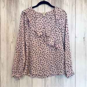 Loft Pink and Black Patterned Faux Wrap Ruffle Blouse Size XS